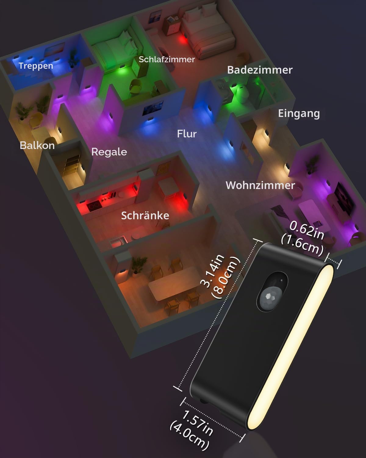 WILLED RGB & Warmweiß Led Nachtlicht mit Bewegungsmelder Akku, 8 Stück USB lampe mit bewegungsmelder innen, Treppenlicht mit 3 Modi, Treppenbeleuchtung für Treppe,Flur,Schlafzimmer,Küche,Badezimmer