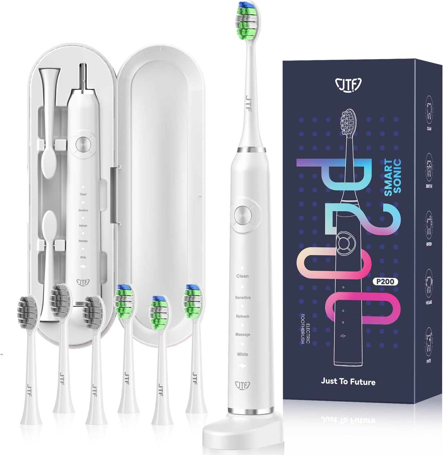 JTF Sonic Electric Toothbrush for Adults: 5 Customized Modes for Effective Yet Gentle Cleaning, 2 Types of Heads for Sensitive Teeth & Braces - with Travel Case and Wireless Charging for Daily Care