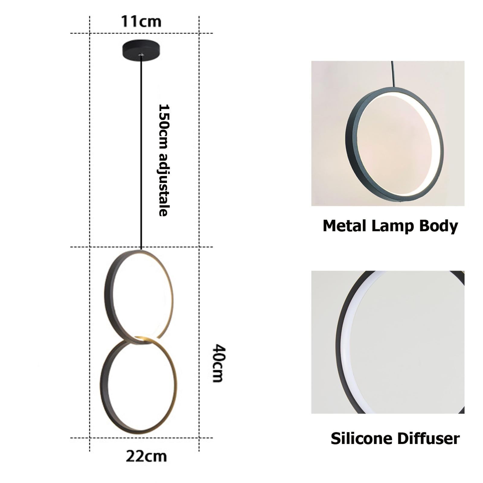 Lampada A Sospensione LED A Cerchio - Moderna, Diametro 22 Cm, Luce Calda 10W, Cavo 180 Cm