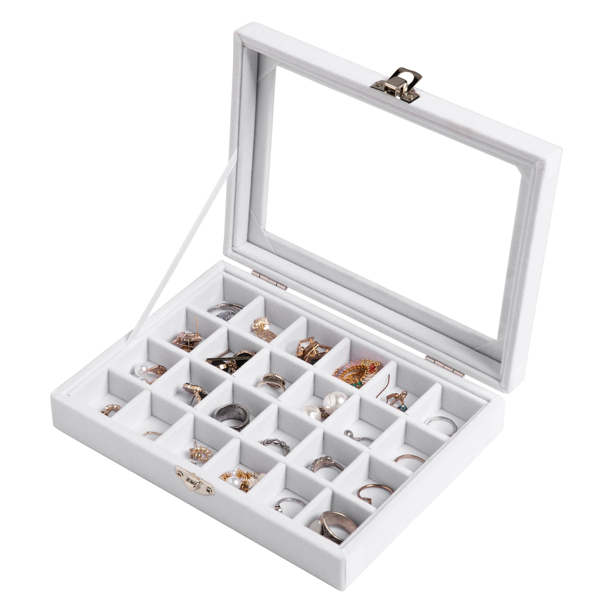 Frebeauty Bandeja de joyería de 24 rejillas, organizador de aretes de terciopelo, organizador de joyas pequeño con tapa transparente, organizador de aretes con cerradura, cajas de joyería y soporte