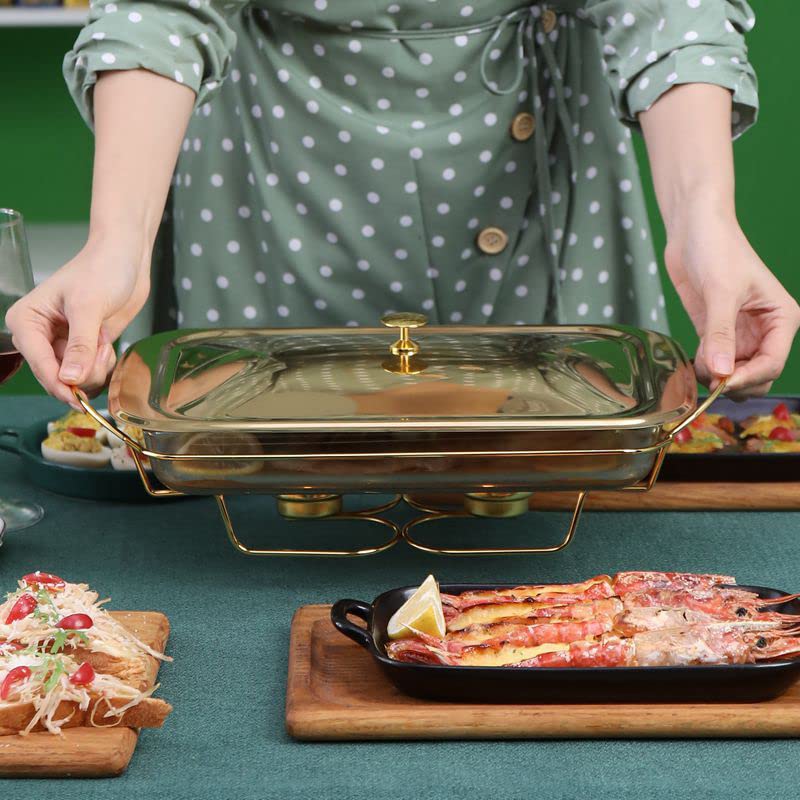 Juego de vajilla de cerámica para Buffet con Plato de Vidrio para Comida, Plato de Agua, Soporte para Combustible para Buffet/Boda/Fiesta/Banquete/Evento de Catering, Dorado (Dorado) (Dorado)