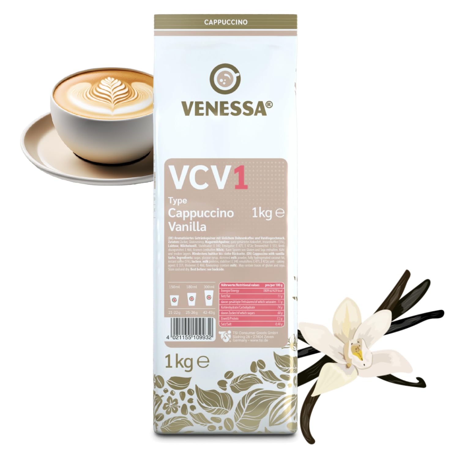 VENESSA VCV 1 Cappuccino Vanilla 5 x 1 kg sacchetti – caffè istantaneo con sapore di vaniglia – confezione perfetta – cappuccino cremoso con fine note di vaniglia per i vostri clienti – adatto alla