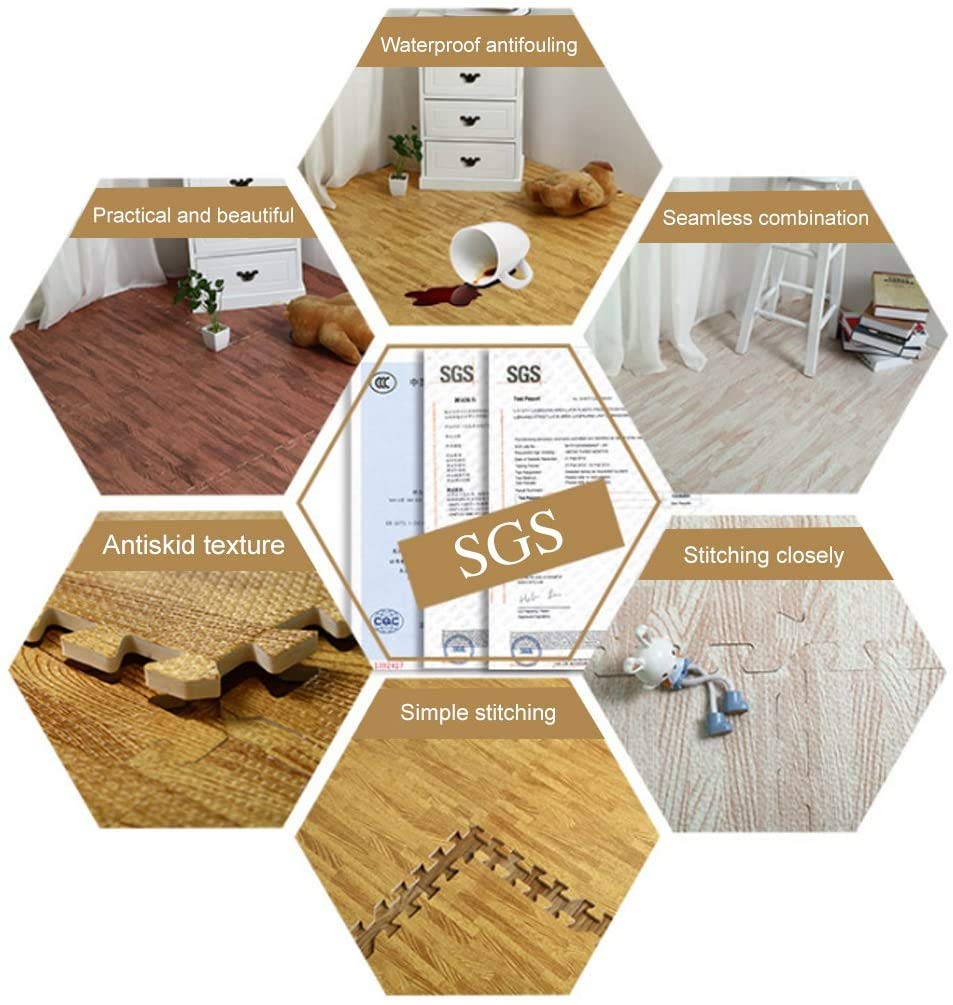 Wisfor Foam Floor Mats 12 PCS 60 x 60 x 1.2cm Wood Effect Soft Gym Home Exercise Workout