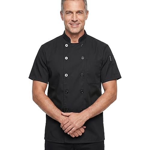 Unisex Chef Coat Lightweight Chef Jacket Black Short Sleeve Shirt Chef Uniform Costume for Kitchen Restaurant