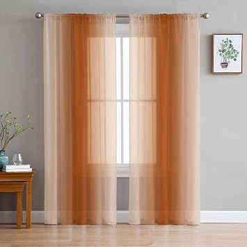 Burnt Orange Ombre Sheer Curtains 108 Inch Long 2 Panels, Gradient Color Light Filtering Window Sheer Curtains, Rod Pocket Voile Drapes for Living Room Bedroom, 52x108