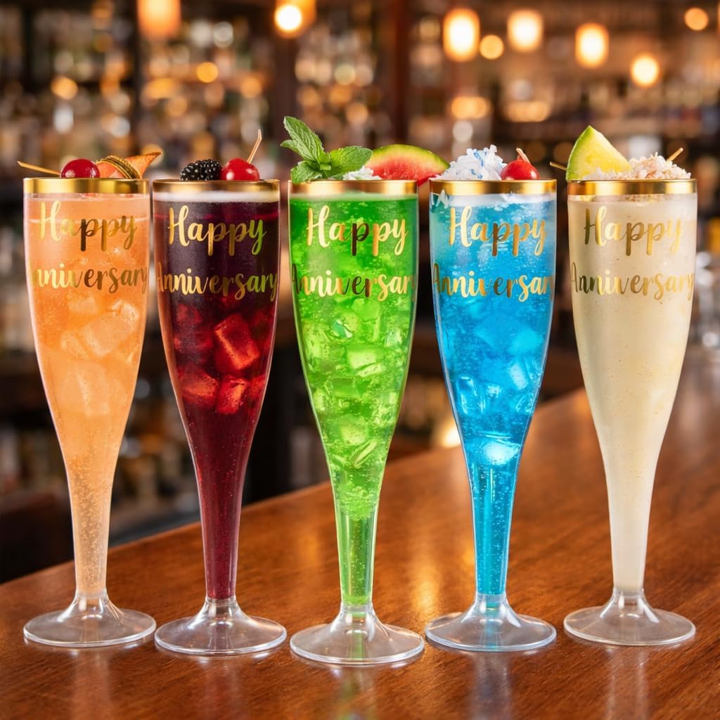 Oojami 30-Pack Gold Rimmed Happy Anniversary Champagne Flutes – Elegant Disposable Toasting Glasses with Printed Design for Anniversary Parties, Vow Renewals, and Milestone Celebrations