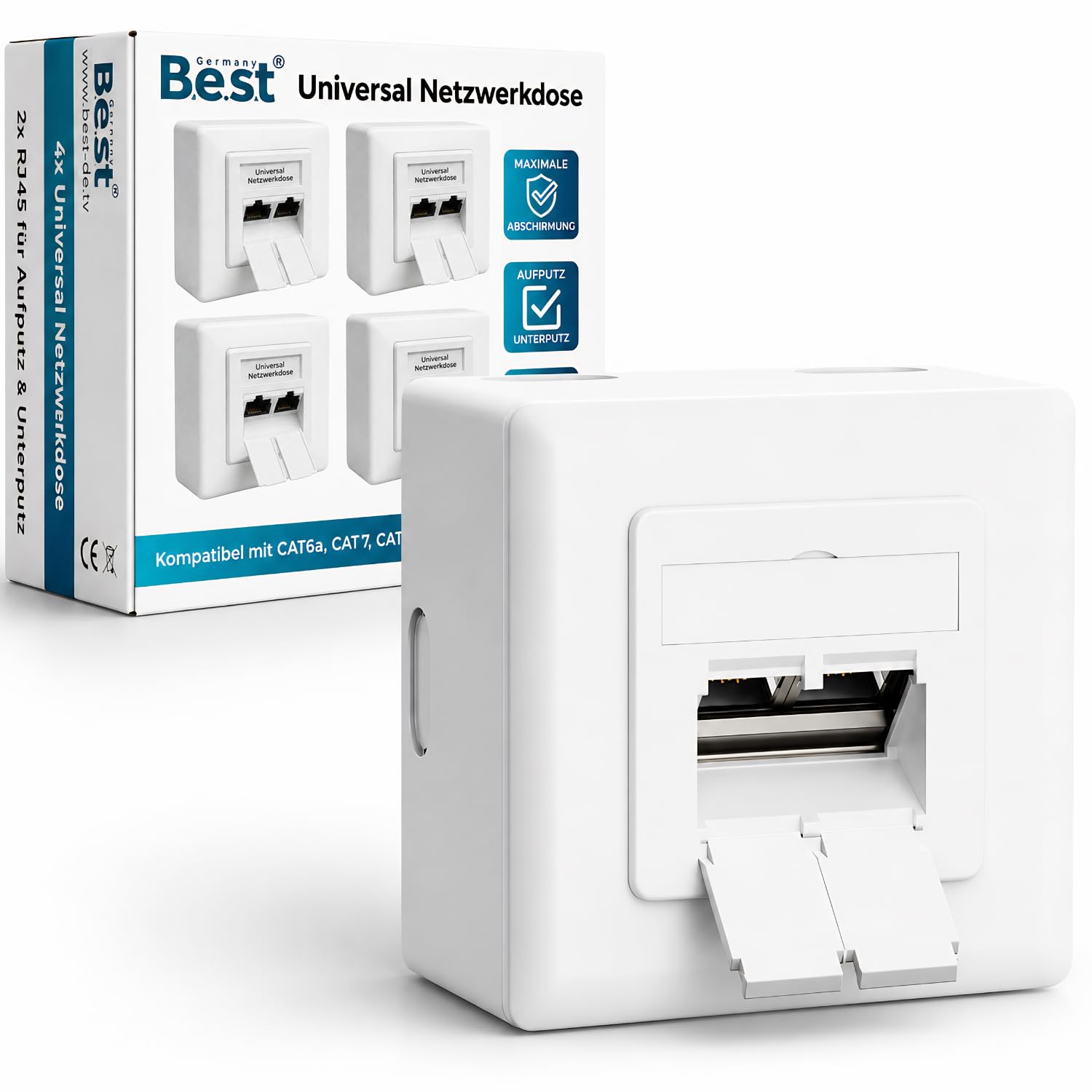 Lot de 4 prises réseau universelles CAT 6a en saillie et encastrées EIA/TIA 568A&B - 2 ports RJ45 - Compatible CAT6a, CAT7, CAT8 - Blanc