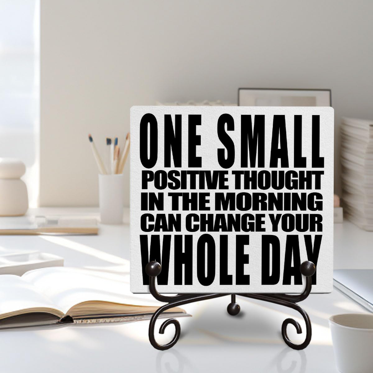 Inspirational Wood Box Sign - Positive Morning Thought Desk Decor 6x6 Inch