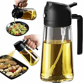 Pulverizador de Azeite de Oliva 2 em 1 de Vidro 450 ml para Cozinhar – Porta Azeite Spray Dispensador Borrifador para Fritadeira sem Óleo, Churrasco, Salada e Utensílios de Cozinha – Preto