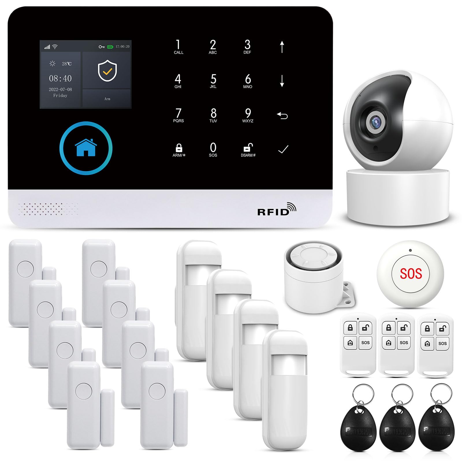 PGST Sistema de Alarma, Alarma doméstica inalámbrica gsm WiFi, con Cámara de Seguridad, Sirena, Sensores de Ventana de Puerta, Sensor de Movimiento, Aplicación Compatible Tuya/Smart Life