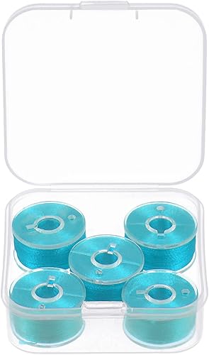 HARFINGTON Juego de 5 hilos de bobina preenrollados con estuche de plástico de almacenamiento para máquina de bordar y coser, azul y verde
