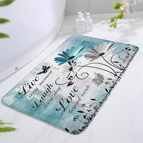 Miniatura 2 de Tapete de baño rústico con diseño floral de margaritas, flores y mariposas, citas inspiradoras de primavera, granja, madera, turquesa, azul, tapete