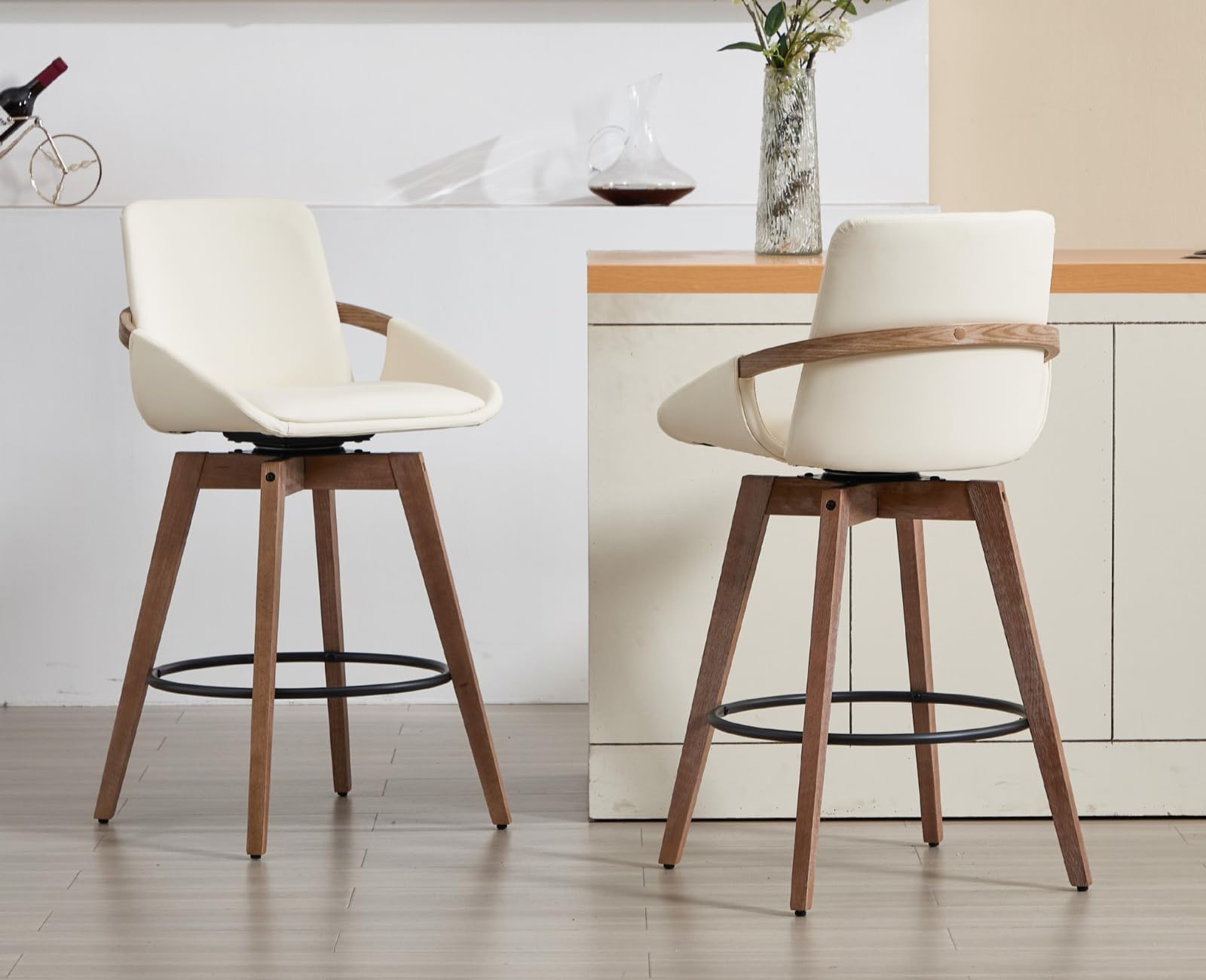 EALSON Swivel Counter Height Bar Stools Set of 2 Mid Century Modern Natural Wood Barstools with Back and Arms Comfortable Leather Upholstered Counter