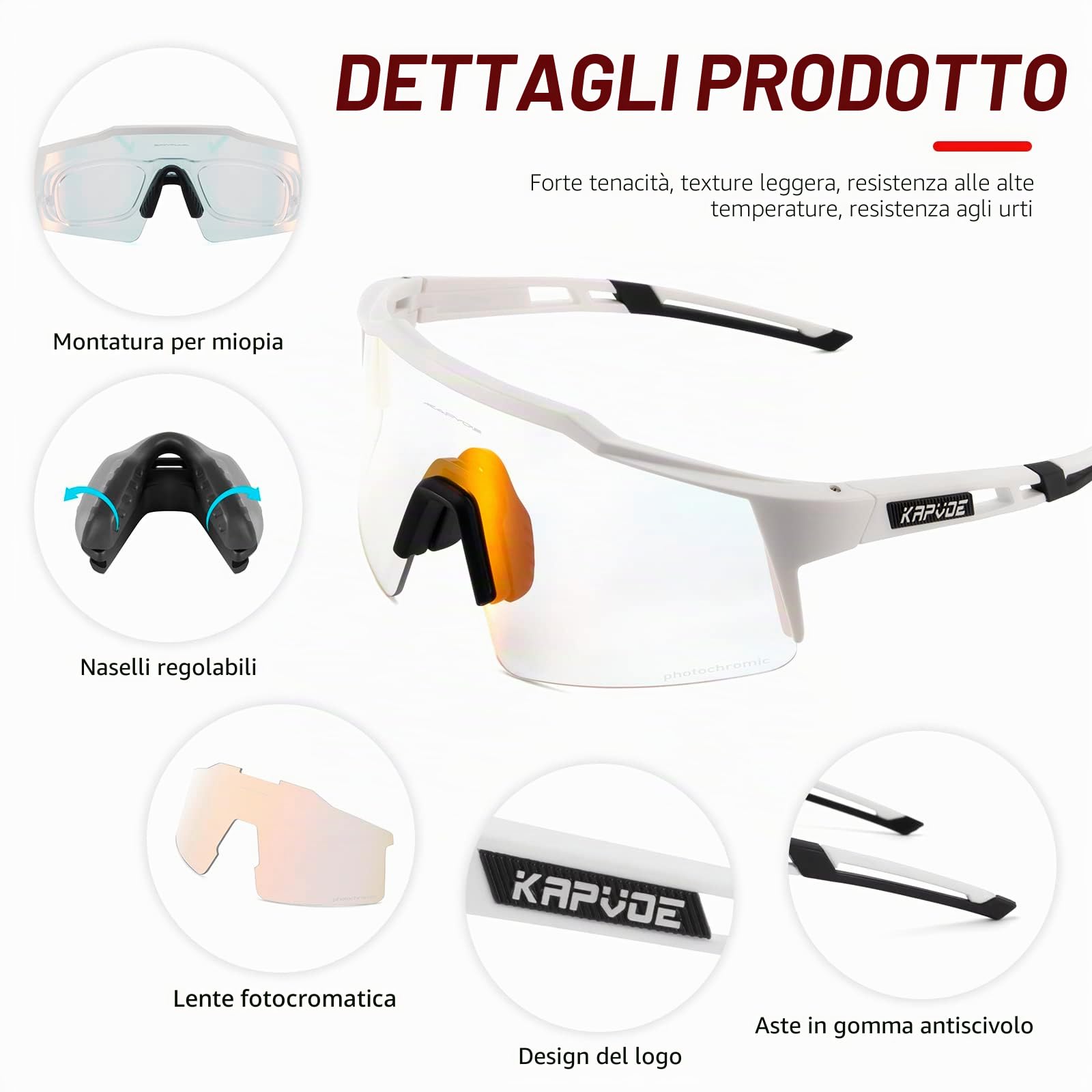KAPVOE Occhiali da ciclismo fotocromatici UV400 uomo donna TR90 K9023 | Occhiali da ciclismo fotocromatici, UV400 Protezione, Struttura TR90 e supporto interno integrato