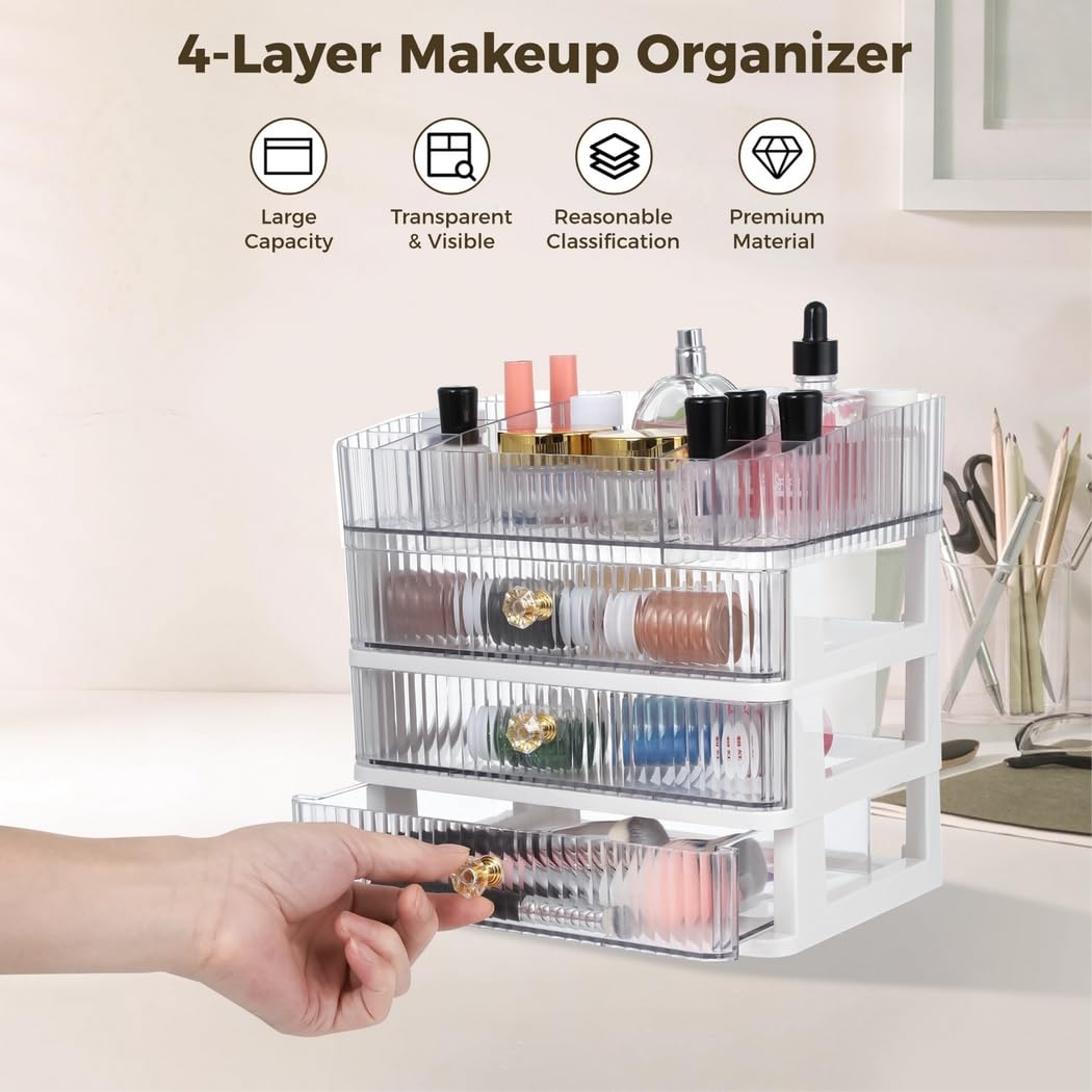 Organizador de maquillaje, caja de almacenamiento de cosméticos transparente de 4 capas con 3 cajones, caja de maquillaje de escritorio de gran capacidad para pintalabios, perfume, pinceles