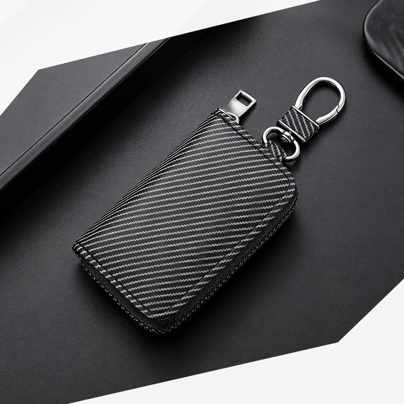 Étui Clé Voiture pour Ford Mustang Mach-E avec Fermeture Éclair Housse Protection Clé Simili Cuir Aspect Carbone Pochette Sacoche avec Mousqueton Métallique Anti Rayure