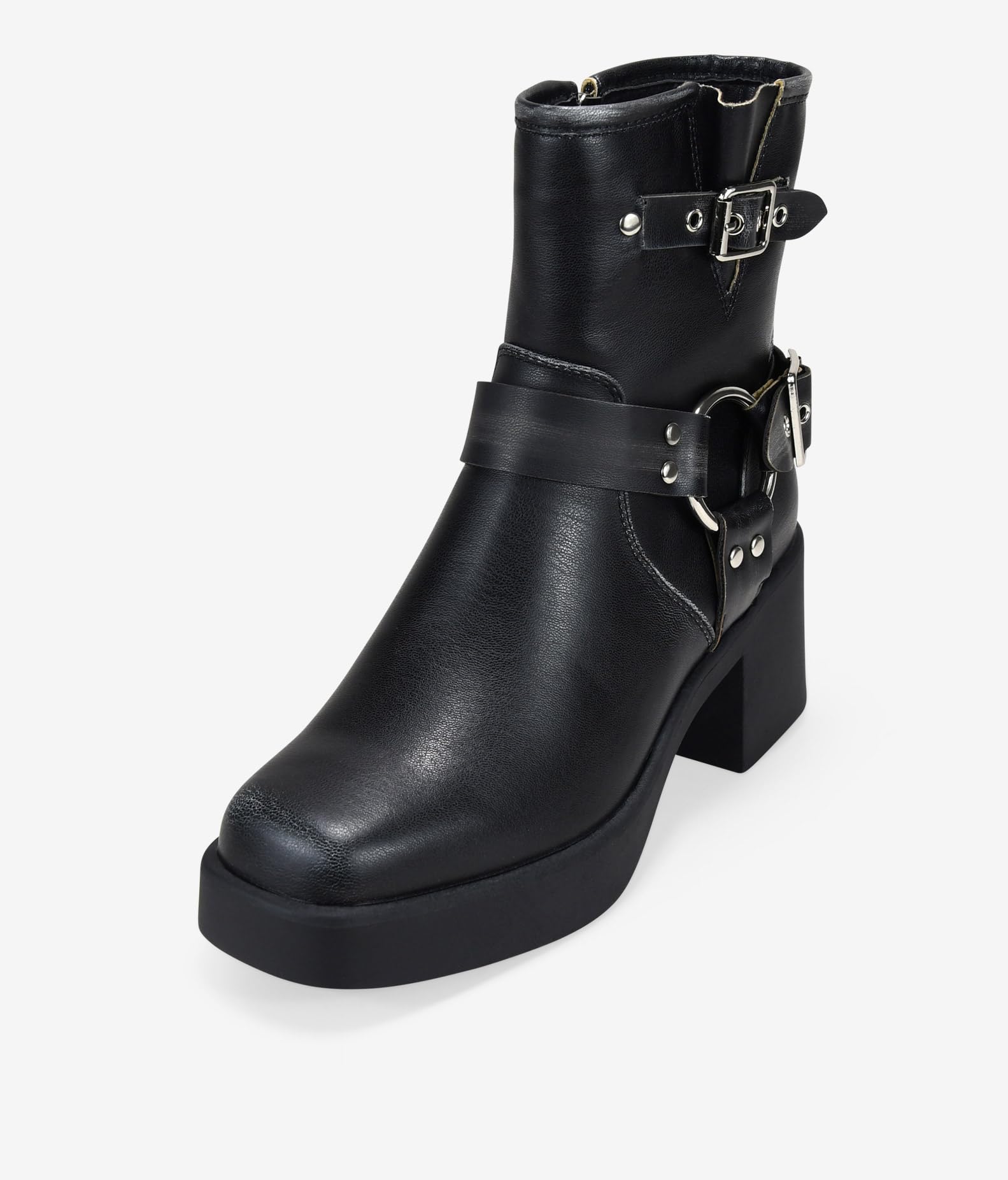 BOSANOVA Damen-Stiefel mit niedrigem Absatz, dekorative Metallschnallen, breiter Schaft, quadratischer Schaft, Plateau-Sohle, 5,5 cm breiter Absatz, ohne Verschluss