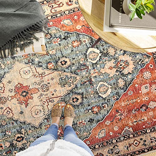 Morebes Tribal Washable Rugs 5X7, Large Boho Rugs For Living Room Non-Slip Area Rug Vintage Soft Kitchen Rug, Distressed Persian Throw Rug Indoor Floor Carpet For Bedroom Bathroom, Rust/Multi #TOP5