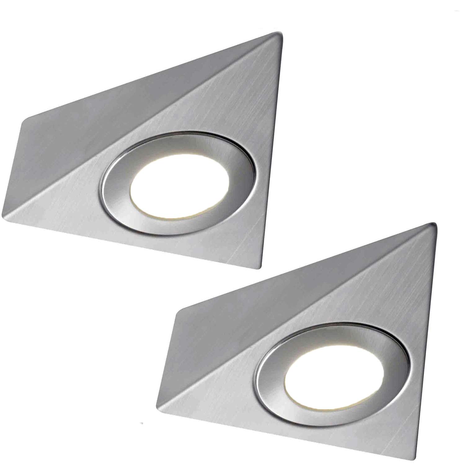 2 Pack | Bright 2.6W LED Under Cabinet Pyramid Spot Lights & Driver Kit | Stainless Steel & Warm White | Kitchen Worktop Countertop Cupboard Unit Down Light | Modern Triangle Lighting Fitting