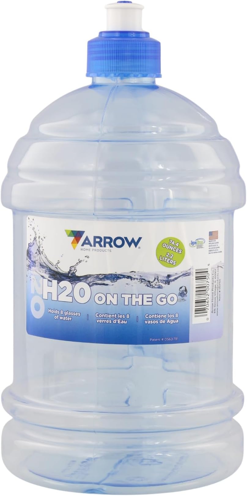 Arrow H2O On The Go Water Bottle, 2.2 Liter - Large Clear Plastic Water Bottle with Push Cap - Made in the USA, BPA Free - Built-In Convenient Handle, Leakproof - Ideal for the Gym and Sports Practice