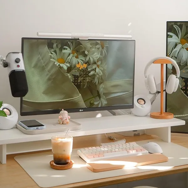 ROCDEER Bamboo Dual Monitor Stand Riser White, 2-Tier Desk Monitor Riser for 2 Monitors, Supports for PC Computer Monitor, Printer, Heavy TV Riser up to 300 lbs, White