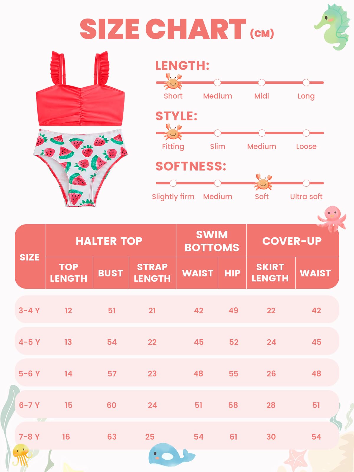 JiAmy Costume da bagno da bambina, 3 pezzi, con gonna, con volant, costume da bagno per bambini, spalline regolabili, fragola, sirena, anguria, ciambella, 4-8 anni