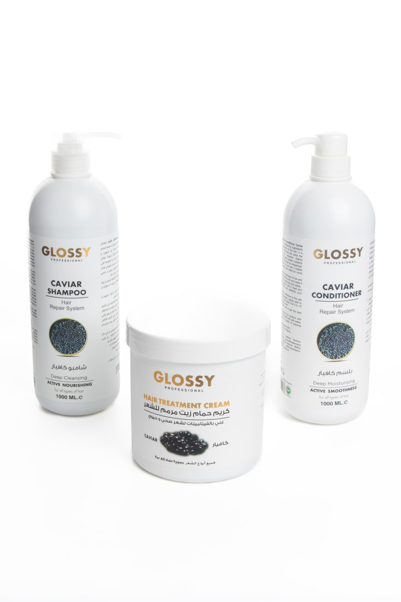 Glossy Professional Caviar Shampoo & Conditioner With Hair Treatment Cream, Natural, Sulphate Free, Deep Cleaning & Hydrating Treatment, After Straightening, Unisex For Daily Use 1000 ML Set of 3 Pce