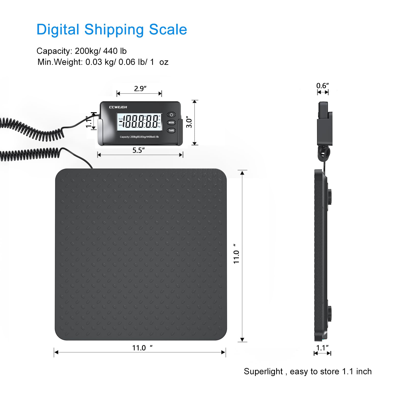Balance postale 200 kg x 28,3 g très précise en ABS grande plate-forme ultra légère pour colis d'expédition, petites entreprises, bureaux de poste, balance à bagages avec batterie et adaptateur