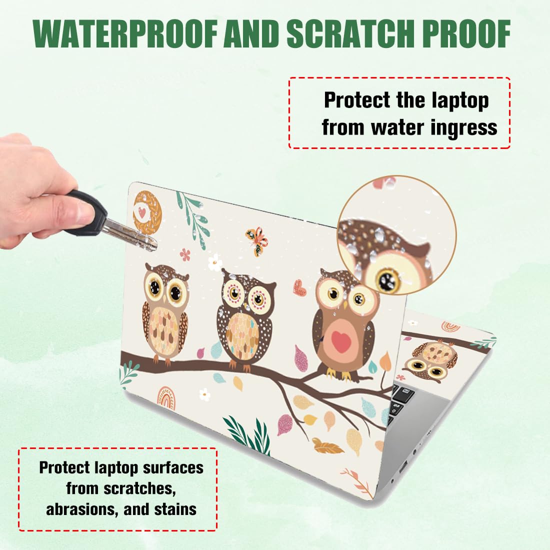 PLIGREAT Gufo Carino sul Ramo Laptop Pelle Adesivo Decalcomanie Vinile Universale Riutilizzabile Notebook Foglie di Fiore Decalcomania Acquerello Bohemien Fiore Foglie Protector Cover per Computer