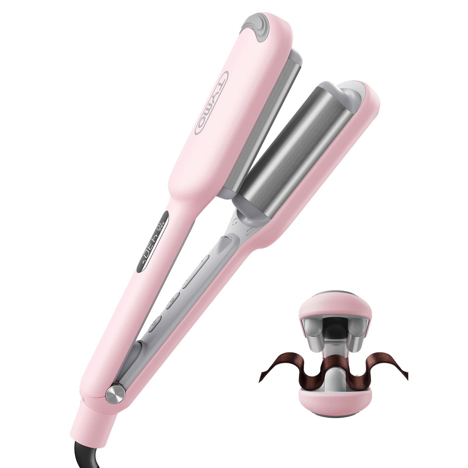 Curling Iron Hair Crimper Waver - TYMO ROVY Beach Waves Curling Wand, Ionic Deep Waver Hair Curler Tool with Ceramic 3 Barrel for Women, Dual Voltage, Anti-Scald, Easy to Use, Pink, 1 InchCurling Iron Hair Crimper Waver - TYMO ROVY Bea…