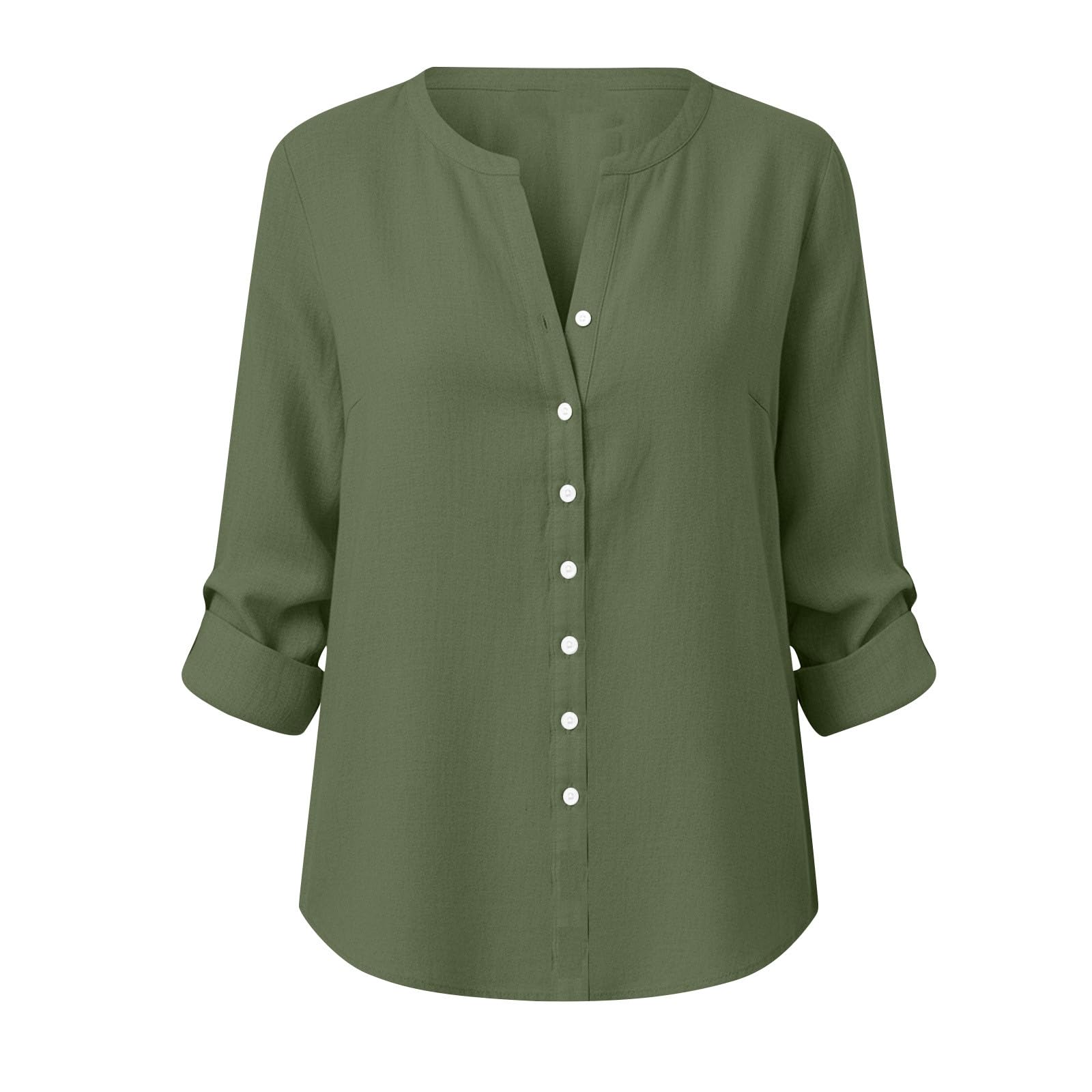 Chemise Femme Coton et Lin Manches Longues Col en V Boutonnée Couleur Unie - Chemisier Décontracté Chic Élégant Respirant Été - Blouse Femme Grande Taille pour Travail Quotidien