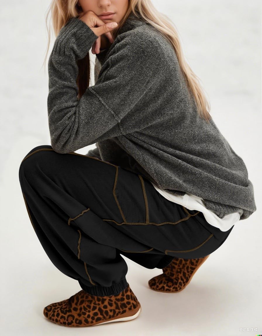 Women Barrel Sweatpants Baggy High Waisted Drawstring Color Block Joggers Pants Athletic Lounge Pant with Pockets - Image 4