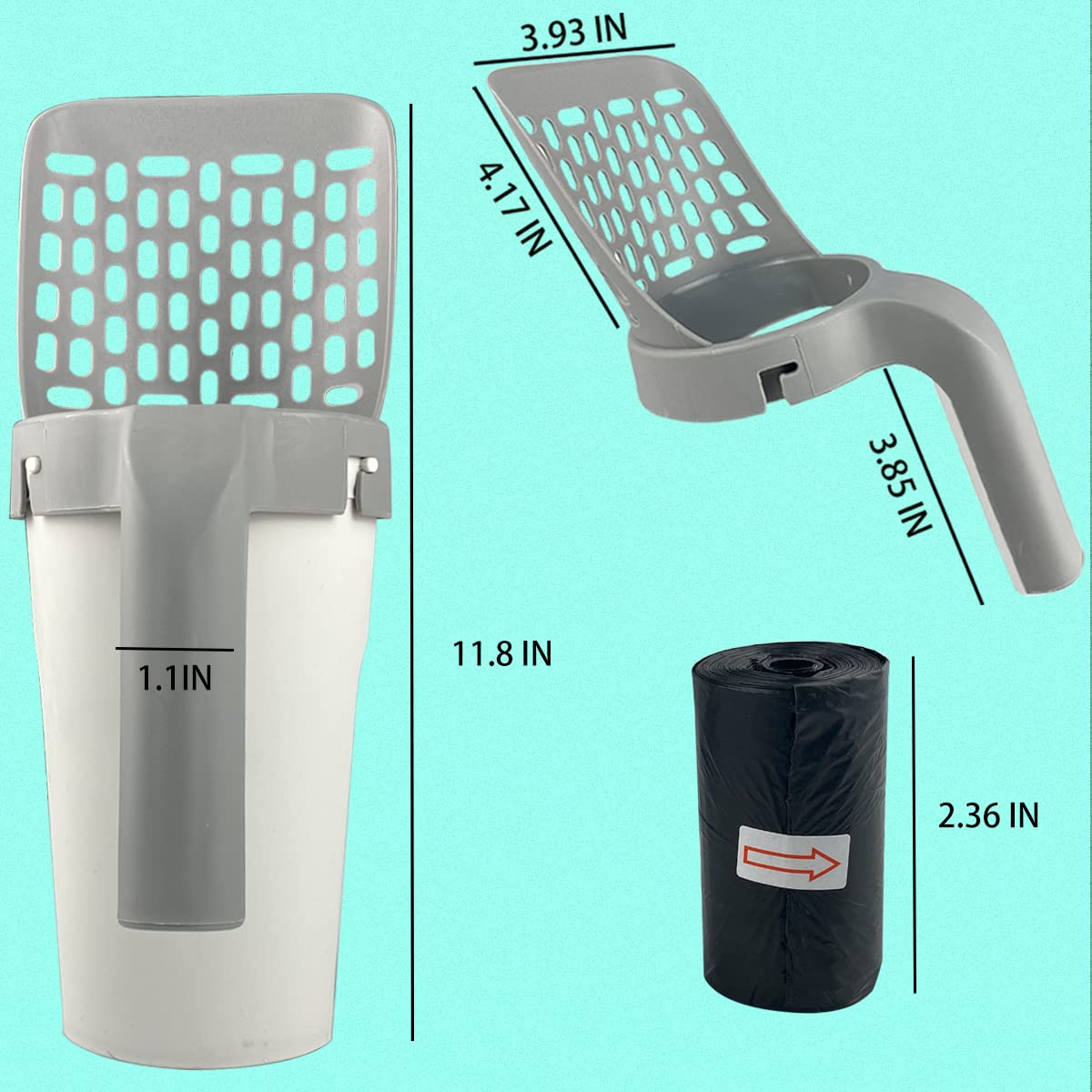 Cuchara de arena para gatos, pala de arena para gatos con contenedor de basura, soporte extraíble para arena para gatos, pala de arena portátil con soporte que proporciona 215 bolsas de basura, pala
