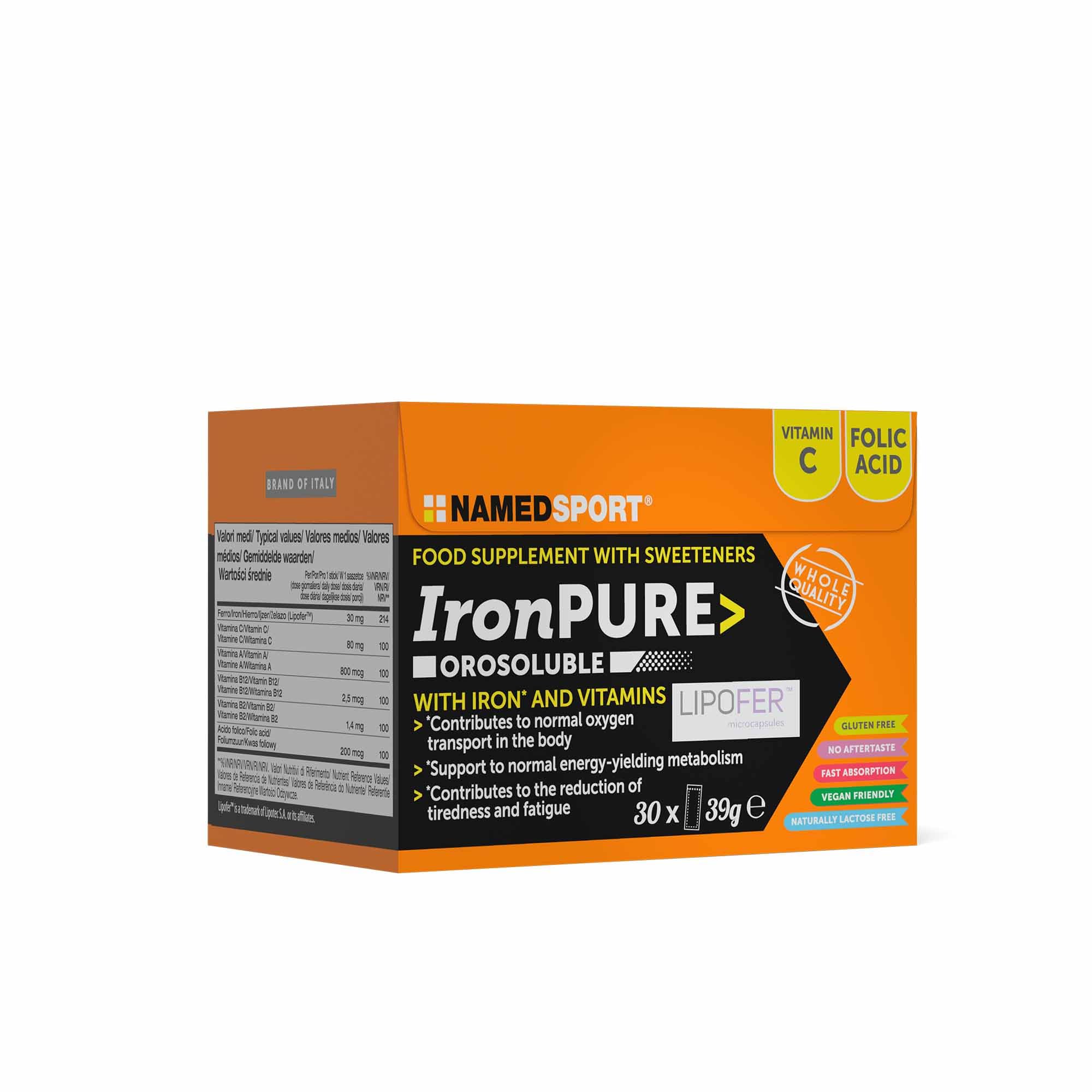 NAMEDSPORT Iron Pure, Supplement a base di ferro liposomiale e Vitamine (A, B2, B9, B12 e C), 1 Confezione da 30 unità