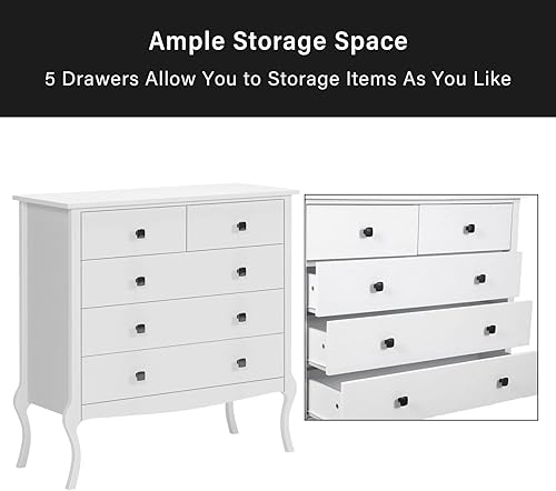 Miniatura 5 de Sogespower Cómoda blanca con 5 cajones y patas curvadas organizador de almacenamiento de madera para sala de estar dormitorio entrada pasillo