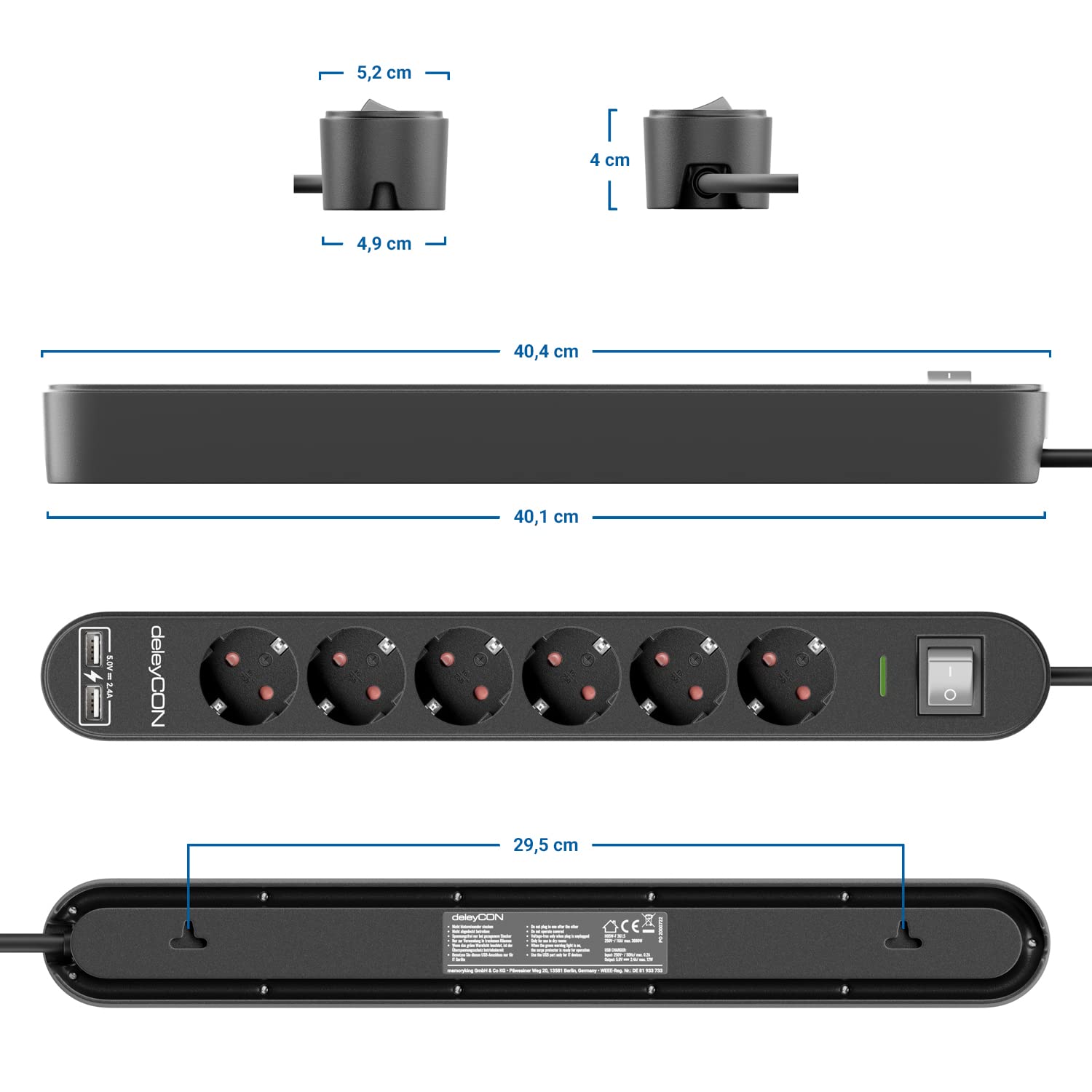 deleyCON Regleta con 1,5 m, Seis Tomas, Puertos USB, Dos Salidas USB-A para Cargar Móvil y Tableta, Protección contra Sobretensión, Interruptor, Negro — view 6