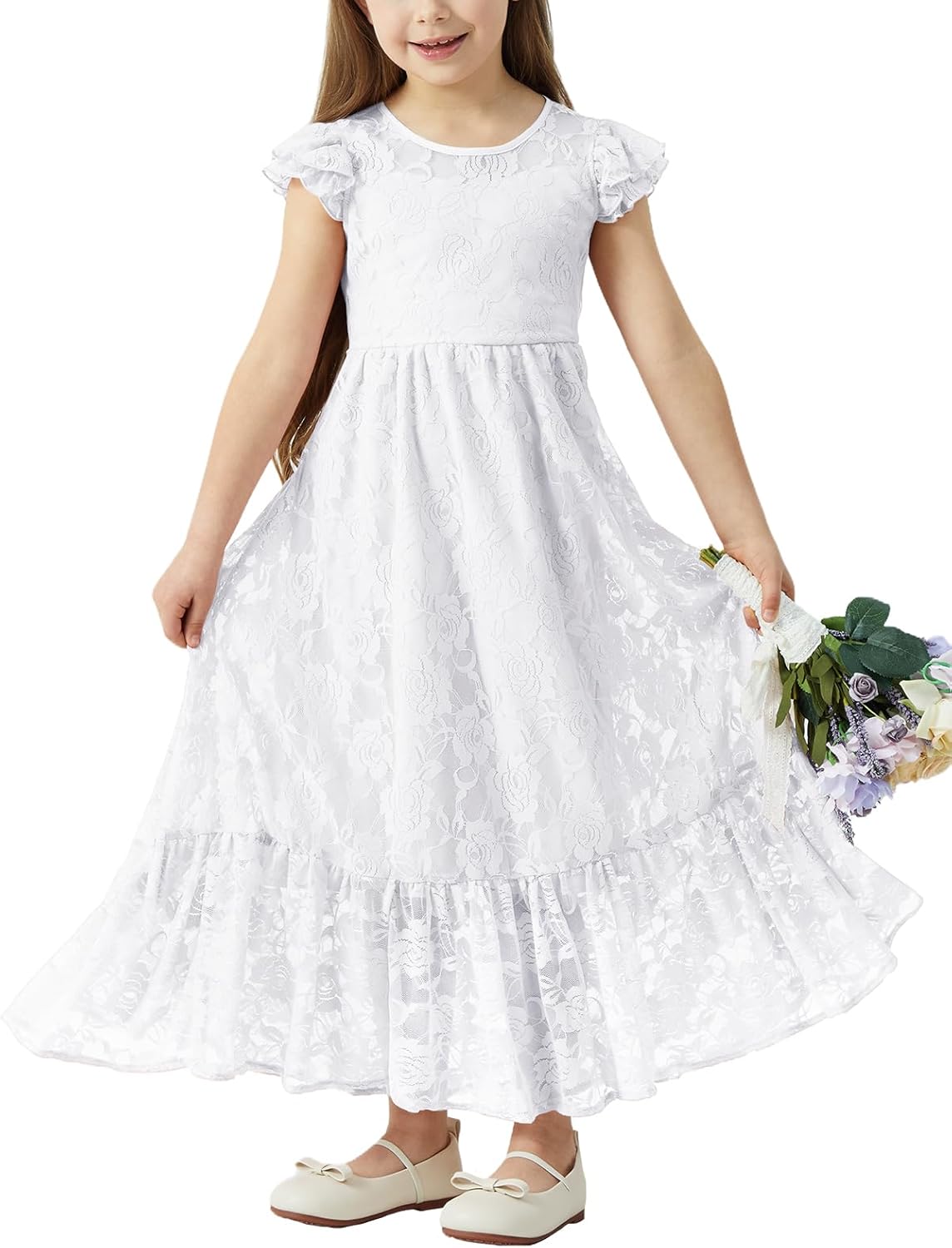 ALLOVIN Toddler & Girls Spring Graduation Lace Flower Girl Dress for Wedding Baptism First Communion Maxi Boho A-Line 3-12Y