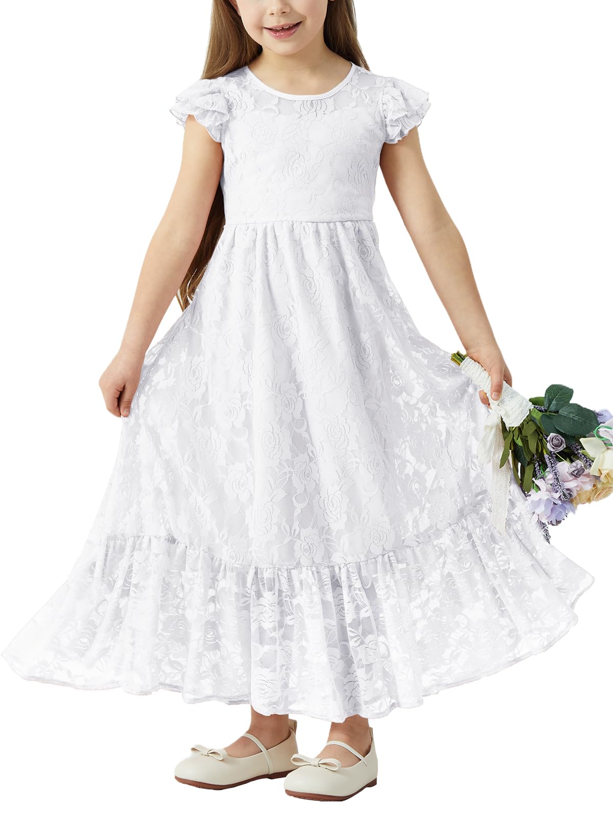 ALLOVIN Kleinkinder & Mädchen Oster Langarm Spitzen Blumenmädchen Kleid für Hochzeit Taufe Erstkommunion Maxi Boho A-Linie 3-12 Jahre