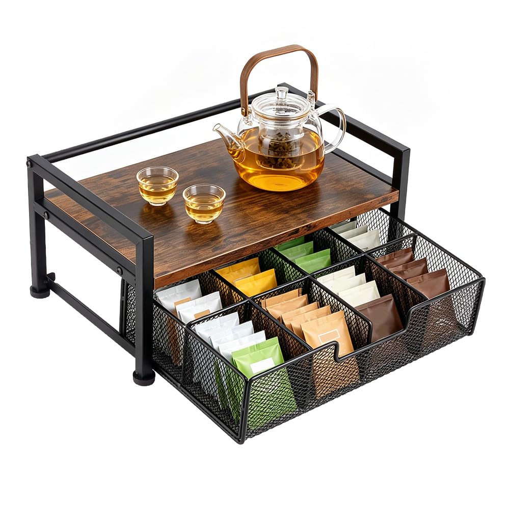 UNICRAFTALE Organisateur De Sachets De Thé en Bois avec Tiroir 8 Compartiments Station De Thé Rustique Bo?Te De Rangement pour Comptoir Cuisine Bureau Caddy à Thé Multifonctionnel 33x20x15cm