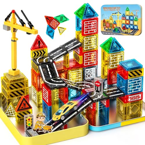 iKidiki Mini Travel Magnetic Tiles Construction 53 PCS Toys for 3 4 5 6 7 8 Year Old Boys Girls Gifts for Birthday Magnetic Tiles Travel Set 3-8 Year Old Girl Boy Gifts Kids Birthday Presents Boys