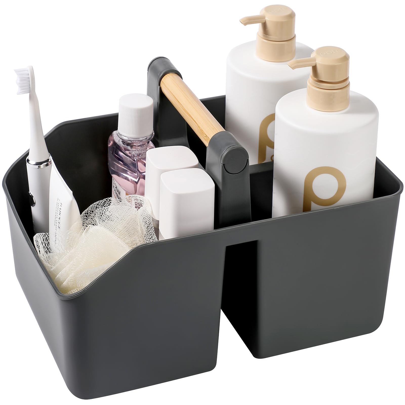 Plastic Shower Caddy, Portable Basket with Bamboo Handle, Dark Gray | Cleaning Caddy Organizer Tote for Bathroom, College Dorm Essentials, Bath Toy