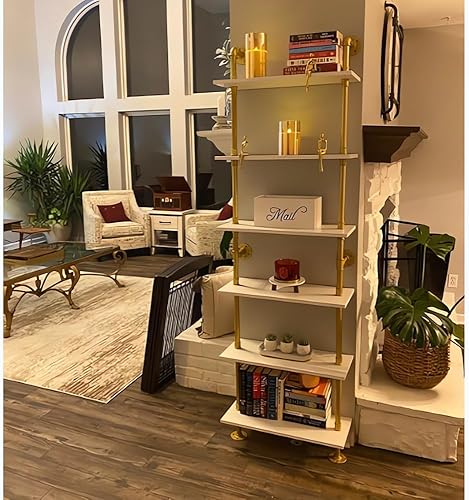 Miniatura 3 de ZIOTHUM Estantería dorada de 6 niveles, estantes blancos y dorados, estantes modernos, estantería de metal de mediados de siglo abierto, industrial,