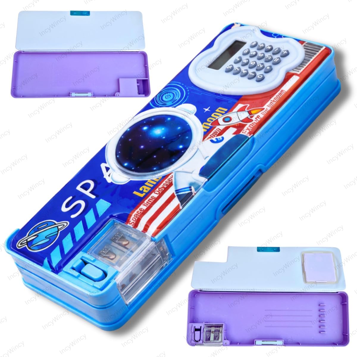 Superhero Calculator Pencil Box Multipurpose Magnetic Pencil Box with Calculator & Dual Sharpener for Boys Cartoon Printed Pencil Case for Kids-image-4