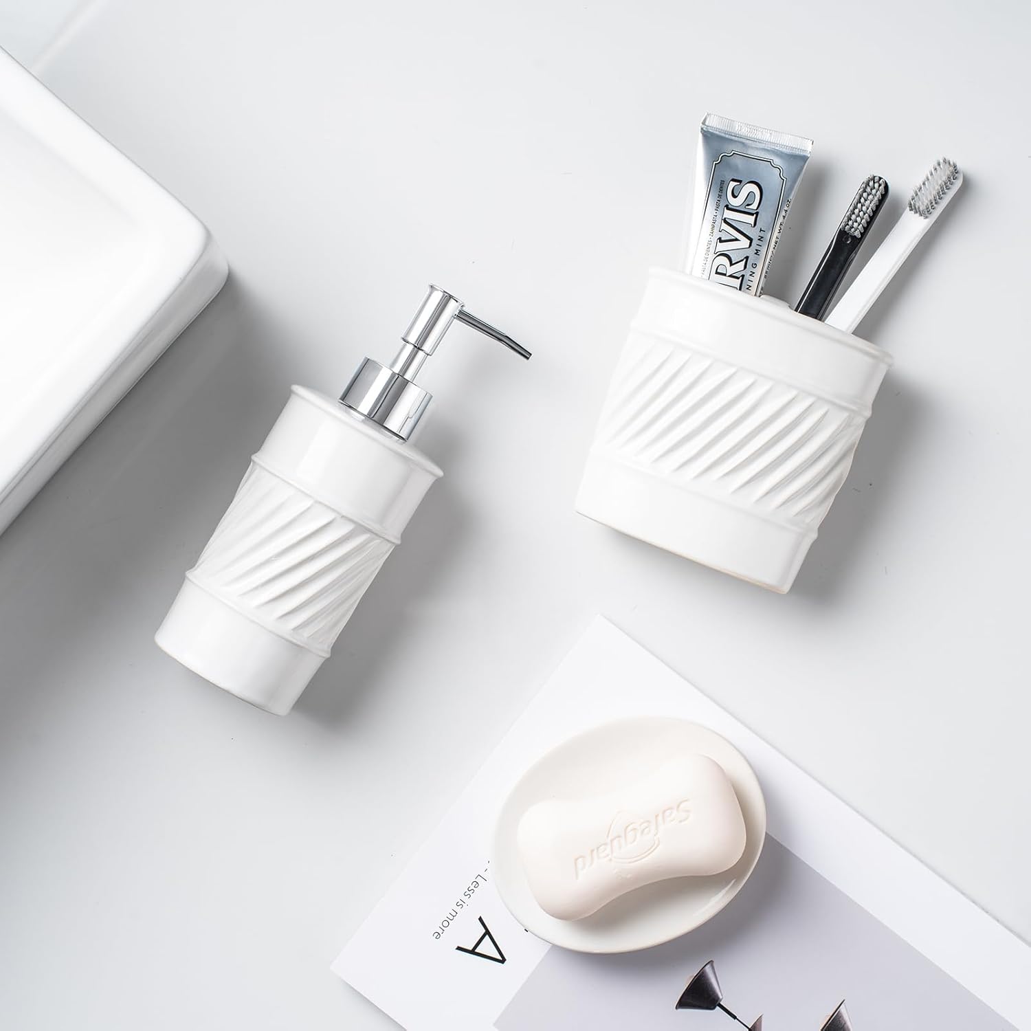 3-Piece Ceramic Bathroom Accessories Set - Soap Dispenser, Toothbrush Holder & Soap Dish with Modern Wave Embossed Design for Bathroom Accessory Set (White)