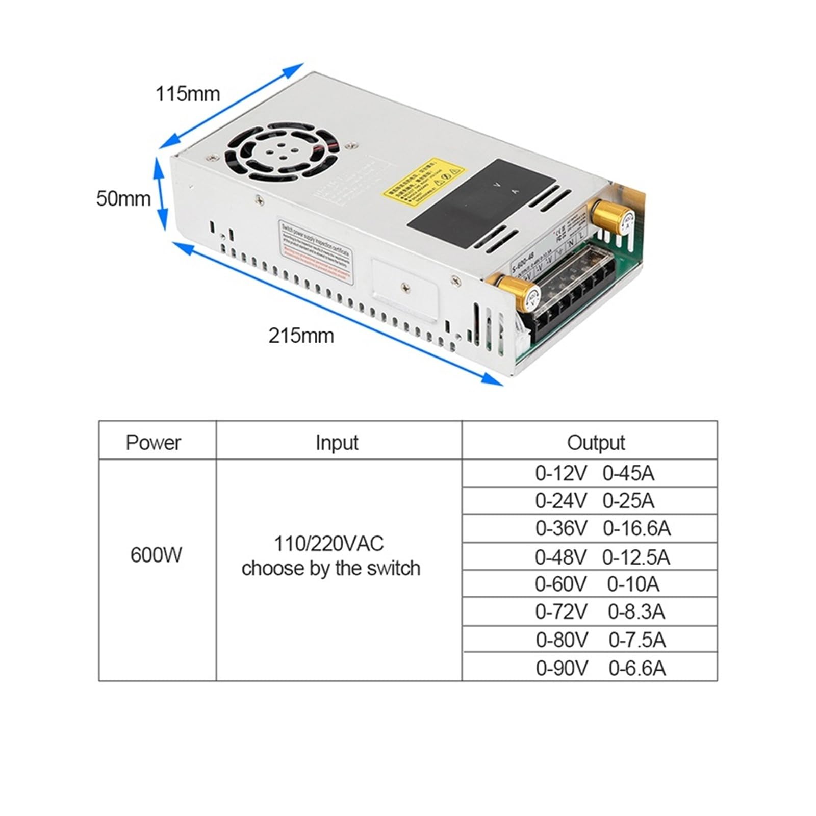 Alimentatore switching CC regolabile da 600 W con doppio display, tensione e corrente costanti 12 V, 24 V, 36 V, 48 V CA a CC Con funzione di memoria(0-12V 0-45A)