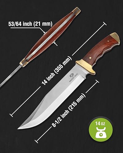 Miniatura 2 de Mossy Oak Cuchillo Bowie de 14 pulgadas, hoja fija de espiga completa, cuchillo de caza con mango de madera con funda de cuero para campamento