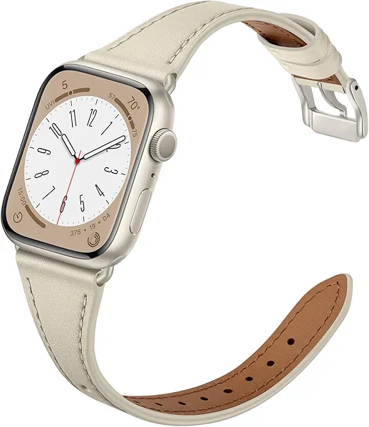 XCCYBTT Slim Leather Bands Compatible with Apple Watch Band 42mm 41mm 40mm 38mm, Genuine Leather Replacement Strap for iWatch Series 11/10/9/8/7/6/5/4/3/2/1 SE 3/2/1 Women, Starlight/Starlight