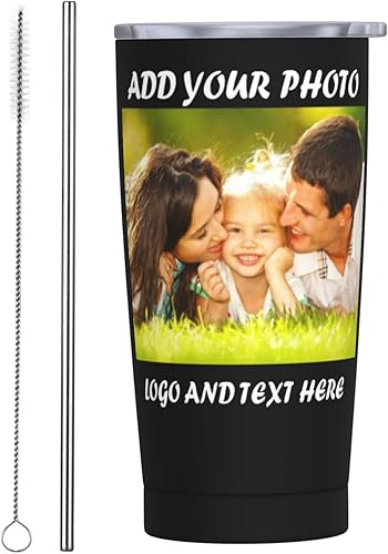 Vaso de café personalizado con imagen, texto, nombre, logotipo, foto personalizada, vaso de acero inoxidable de 20 onzas con tapa y aislamiento al