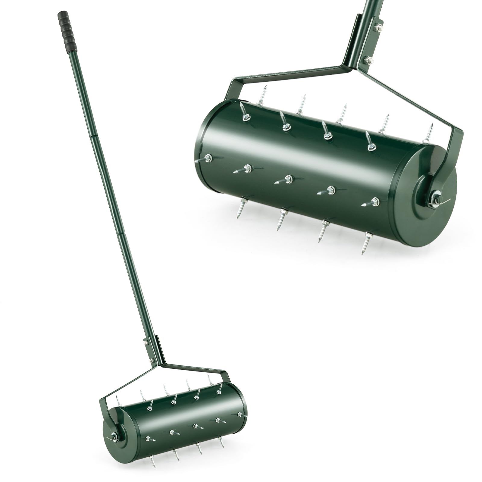 GOPLUS Rasenlüfter Walze, Rasenbelüfter mit Stiel & 3,4cm Nägeln, Handvertikutierer, rollender Aerifizierer, manueller Vertikutierer, Bodenbelüfter für Garten, Hof & Rasen (45 x 130 cm,Grün)