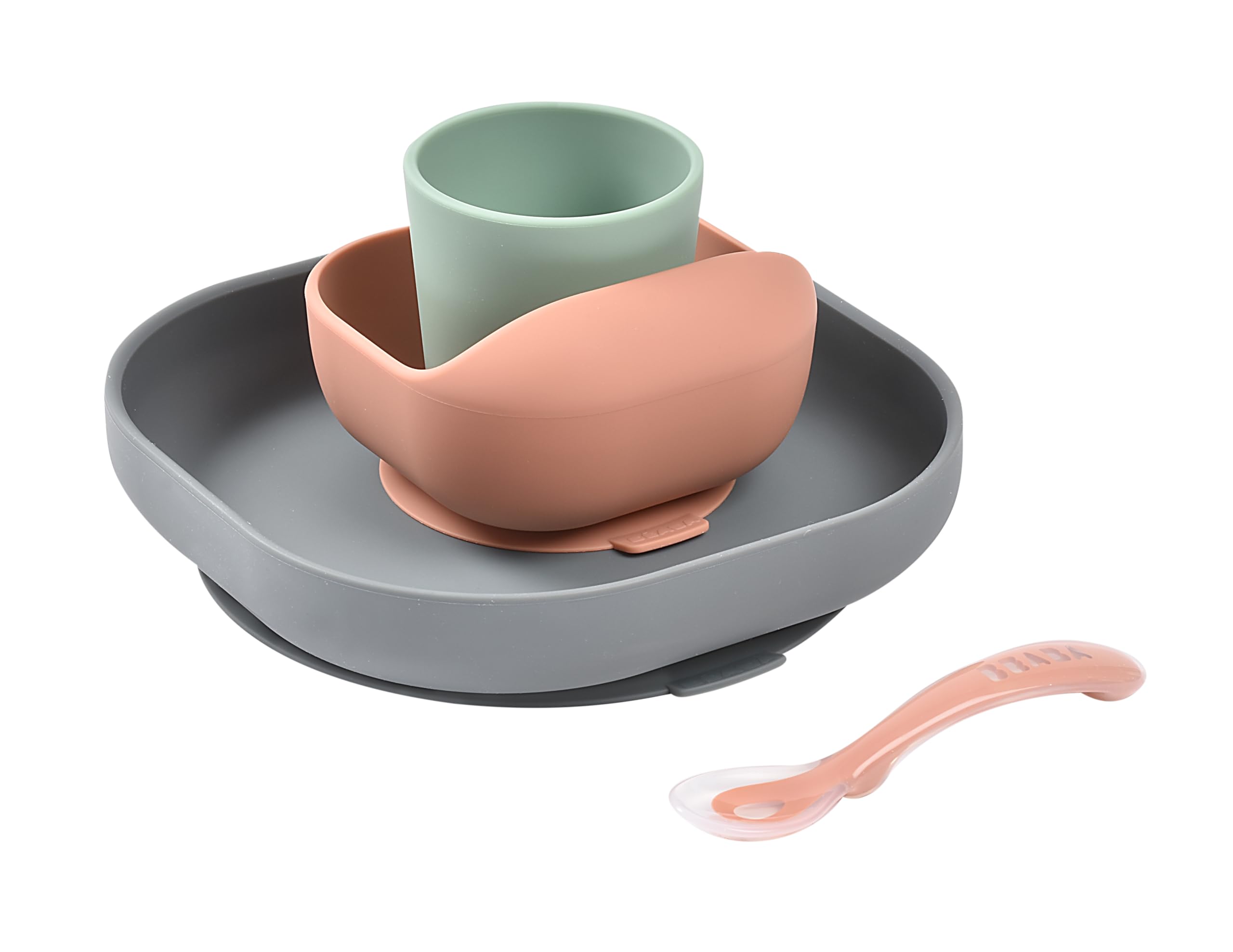 Béaba Silicone Baby Meal Set with Suction Cup, Non-Slip, 4 Pieces, Plate + Bowl + Glass + Spoon, Healthy and Durable Silicone, Dishwasher, Microwave, Mineral